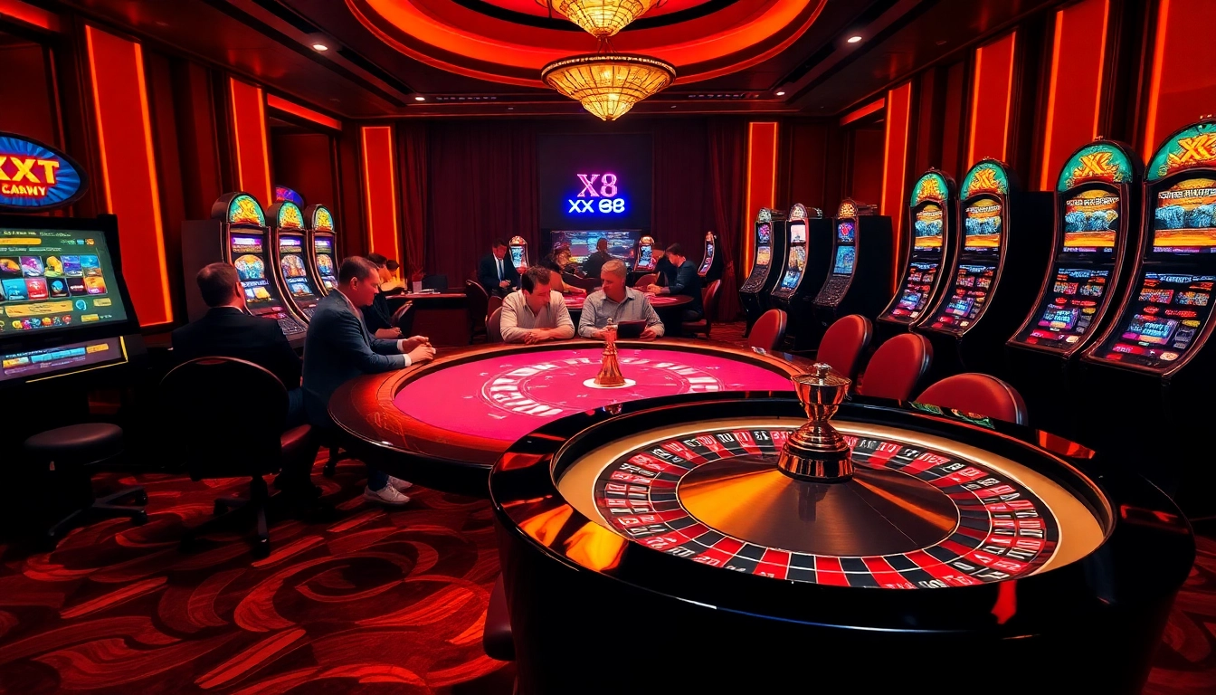 Experience the excitement of gambling at Xx 88 with players at a luxurious poker table.