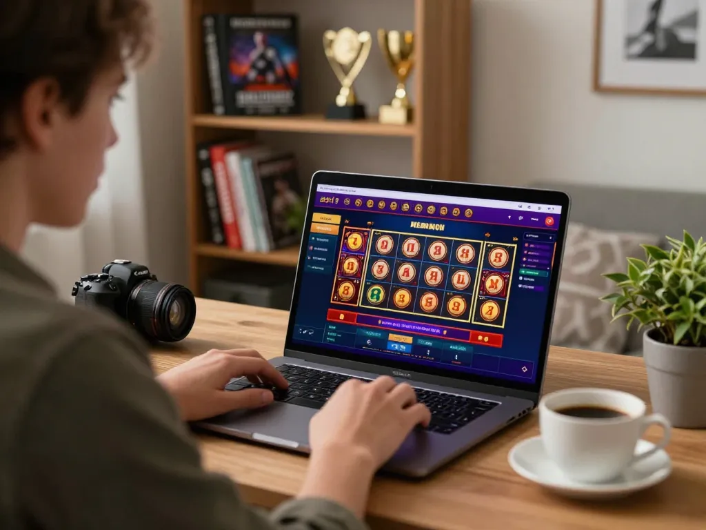 Online gambling experience with 32win casino games on a laptop at a cozy home office setup.