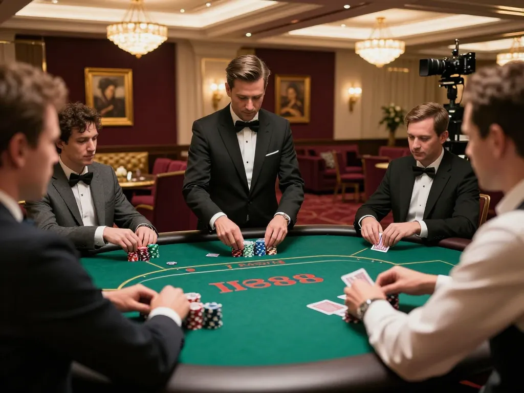 Players actively engaging at a tr88 poker table in an upscale casino environment.