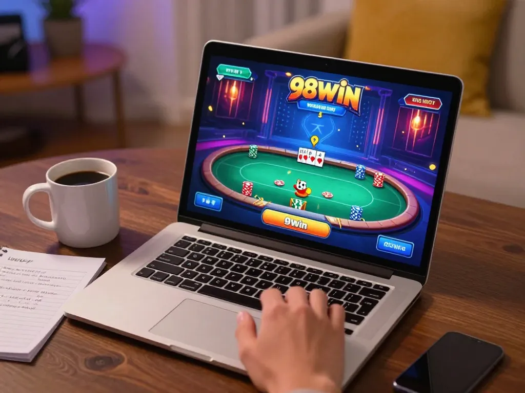Player actively engaging with game 98win on laptop, showcasing vibrant online casino environment.