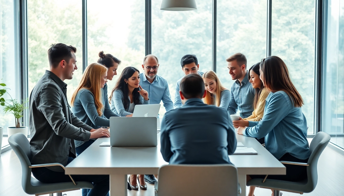 Agency team collaborating in a bright office environment showcasing teamwork and creativity.