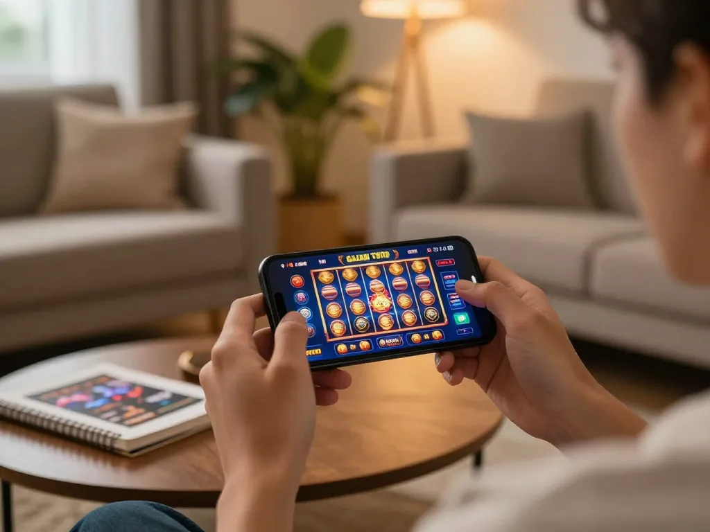 Enjoying Gajah Toto slot games on a smartphone in a cozy living room setting with gaming strategy notes.
