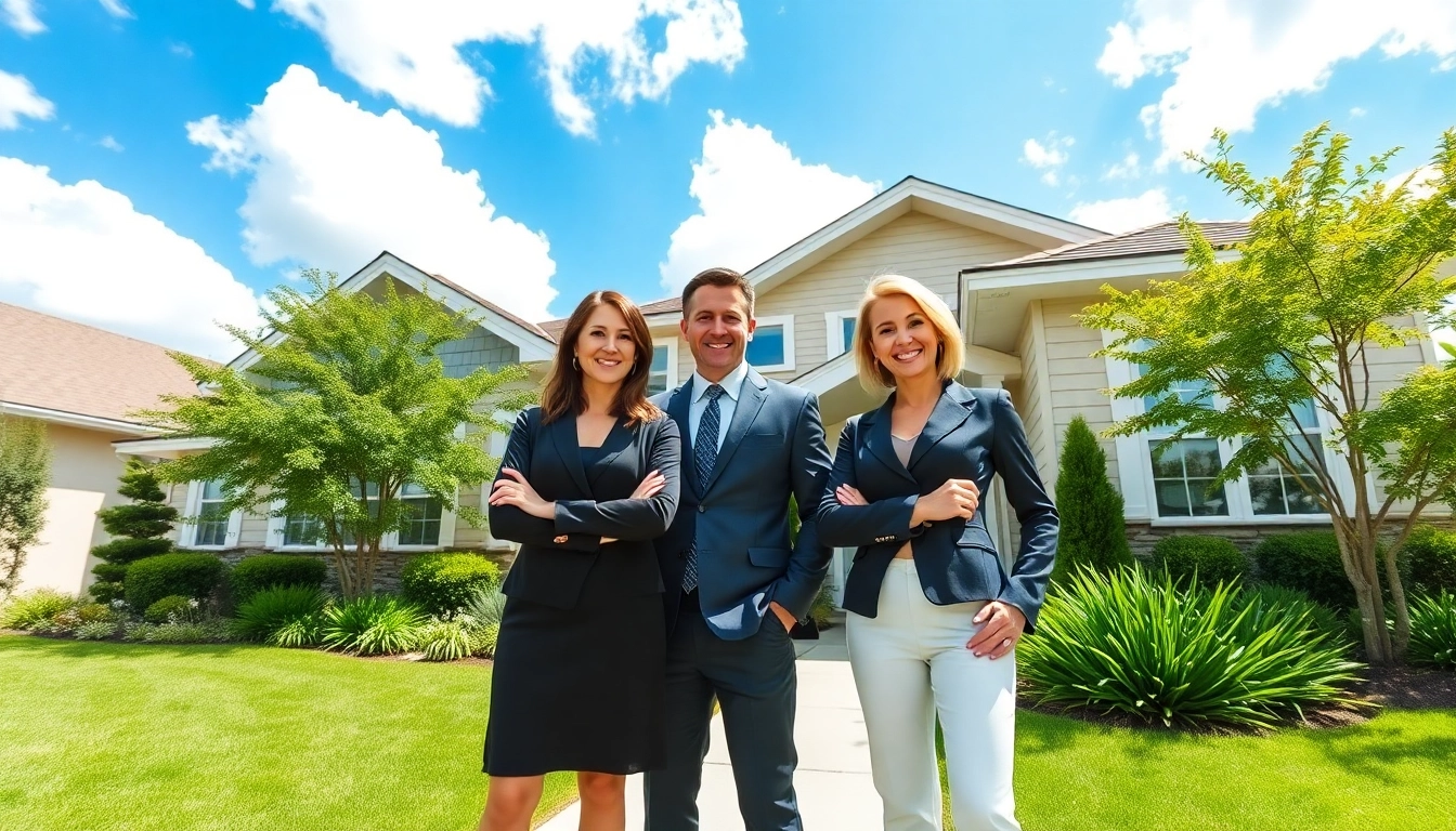 Real Estate agents greeting clients in front of a modern, vibrant home with lush greenery.