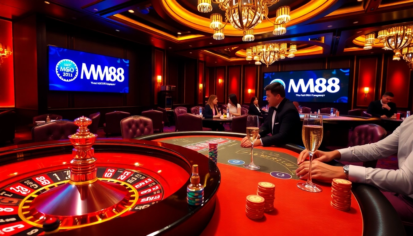 Experience the thrill of MM88 with vibrant casino tables, poker chips, and roulette wheels.