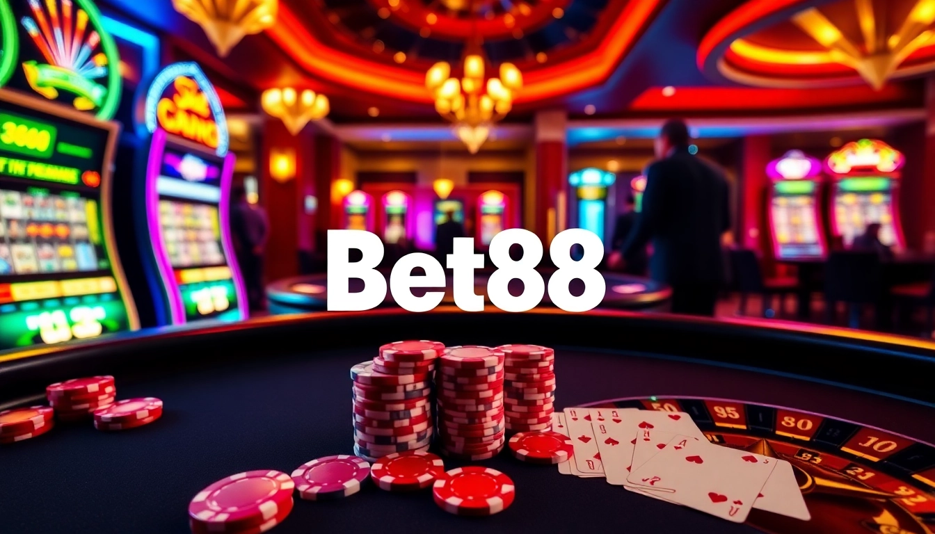 Experience the excitement of Bet88 as players engage in thrilling casino games with vibrant poker chips and cards.