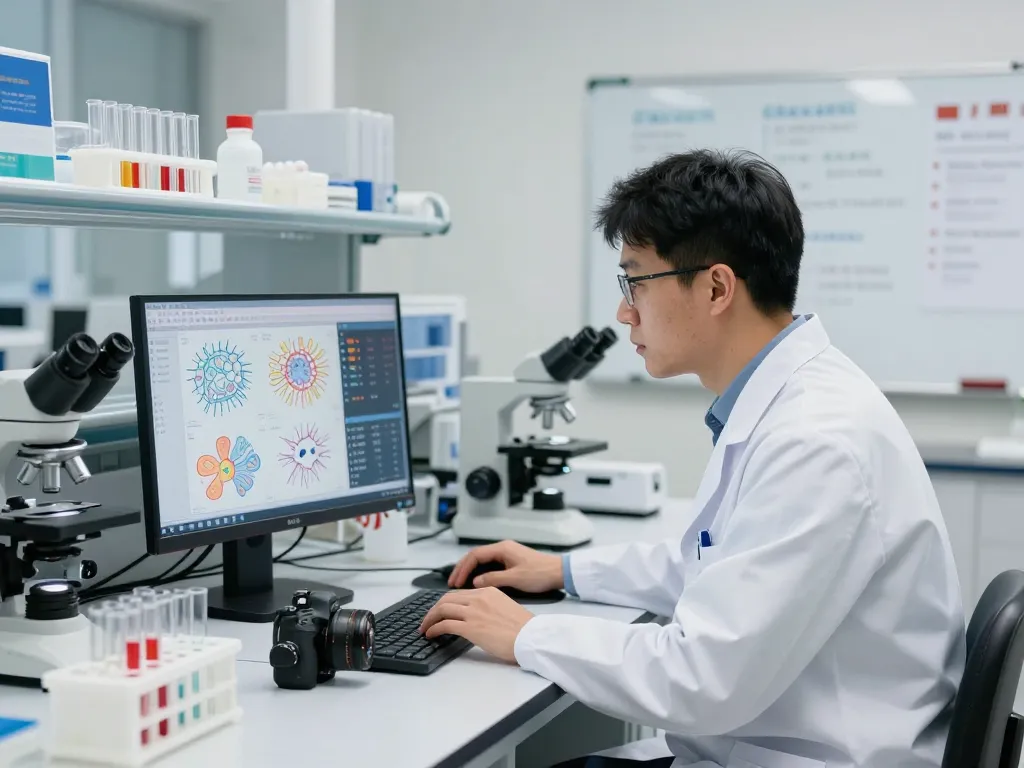 Scientist analyzing neurodegenerative disease data on a computer at https://nddo.org in a bright research lab.