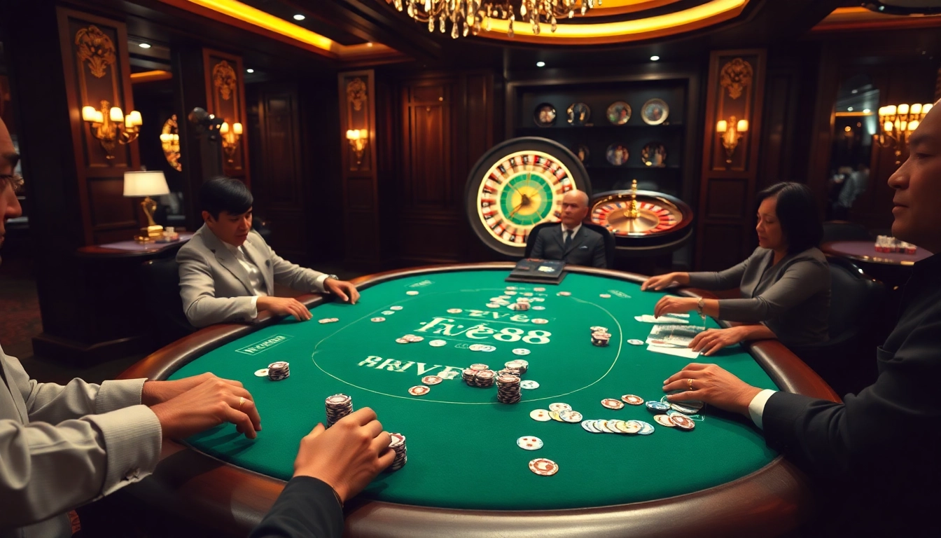 Experience the thrill of FIVE88 at a luxury poker table with vibrant chips and cards.