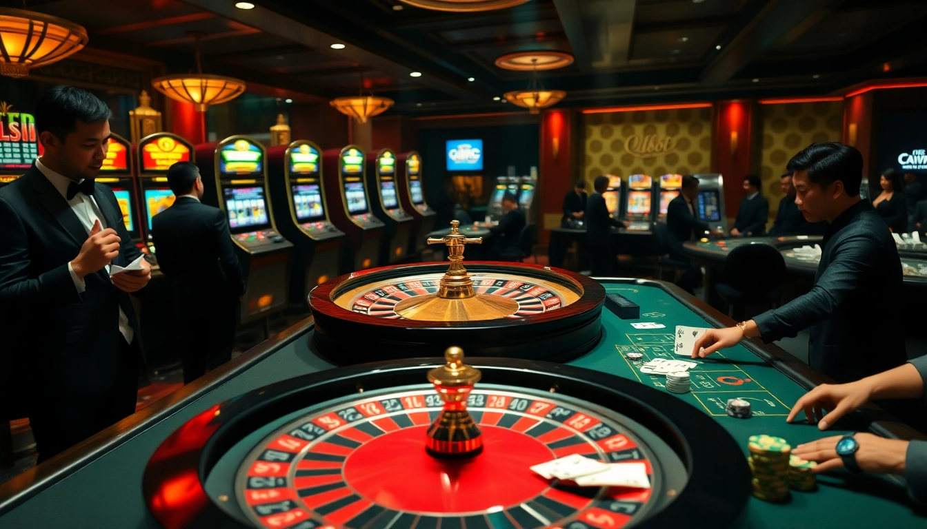 Experience the luxury of u888 with a thrilling casino scene showcasing roulette, poker, and slots.