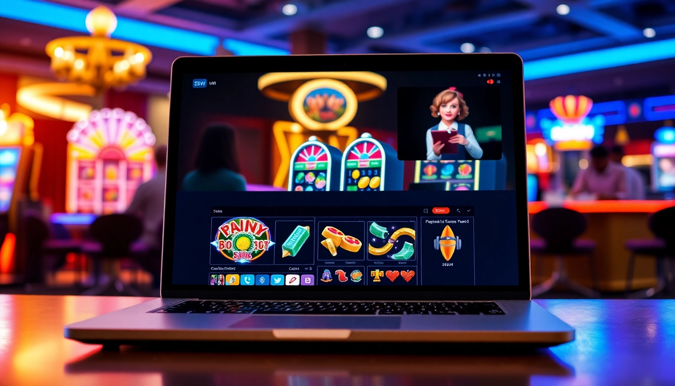 Exciting online gaming scene on 55WW platform with vibrant slot machines and friendly dealers.