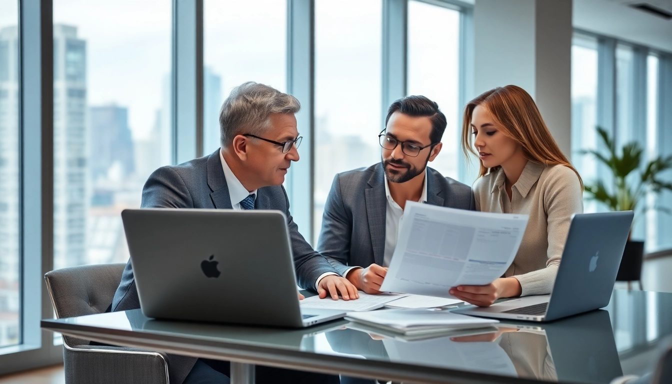 Financial advisor guiding a couple through investment options in a modern office environment.