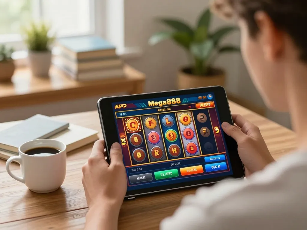 Mega888 APK on tablet, player engaging in exciting online casino gameplay at home