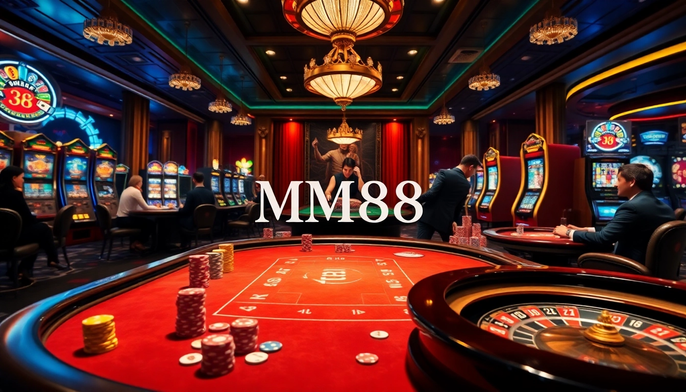 Players enjoying various games at MM88's luxurious casino, depicting excitement and high stakes.
