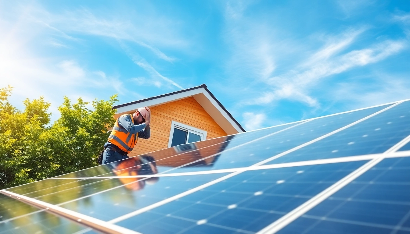 Installers showcasing renewable energy solutions with solar panels on a modern home.