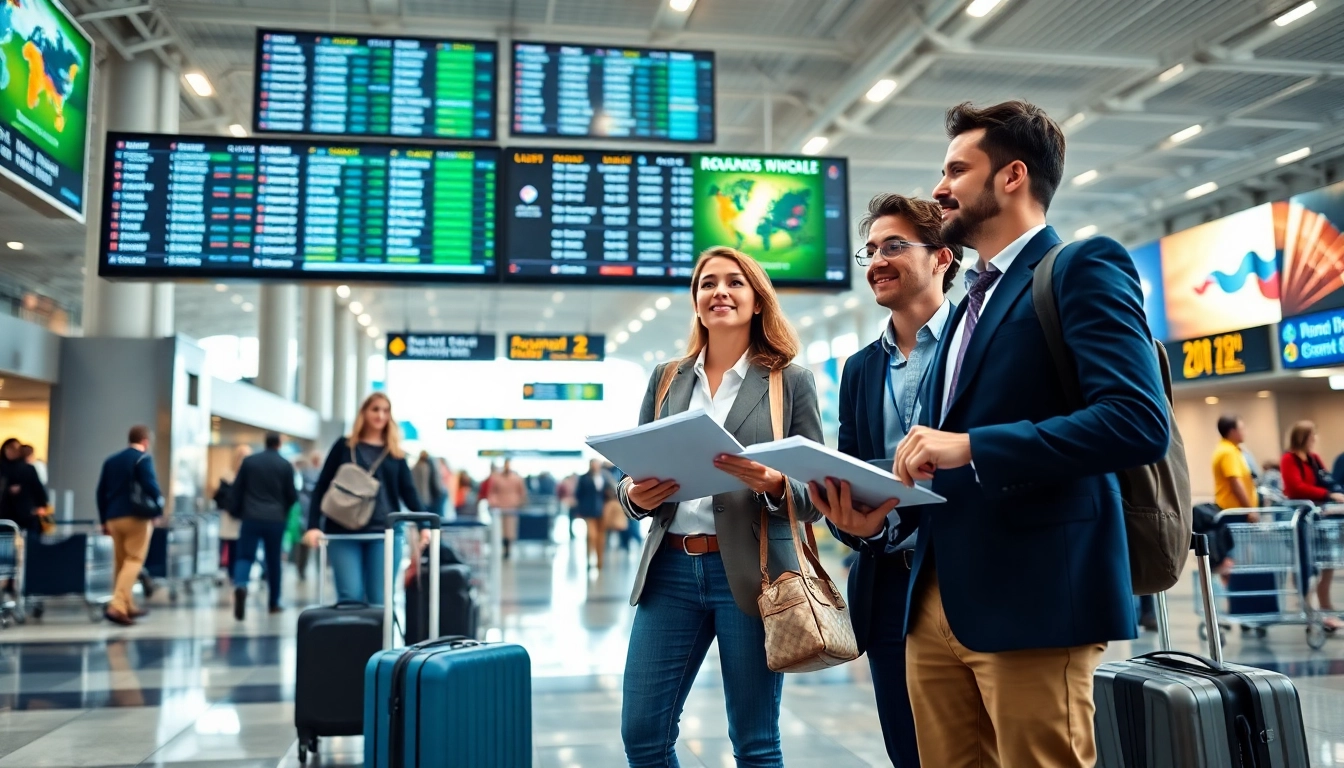 Travelers planning their journey to round the world destinations in a vibrant airport terminal.