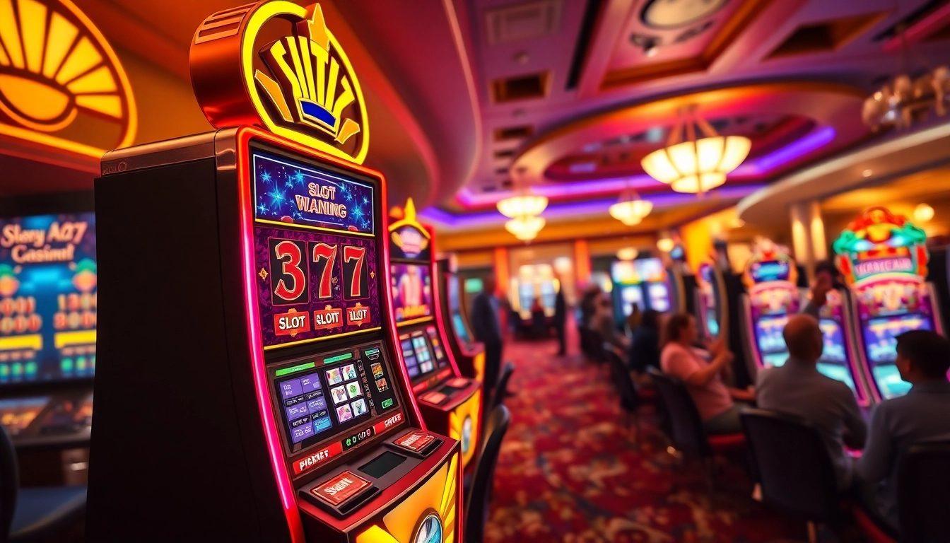 Slot77 machine surrounded by enthusiastic players in a vibrant casino atmosphere.