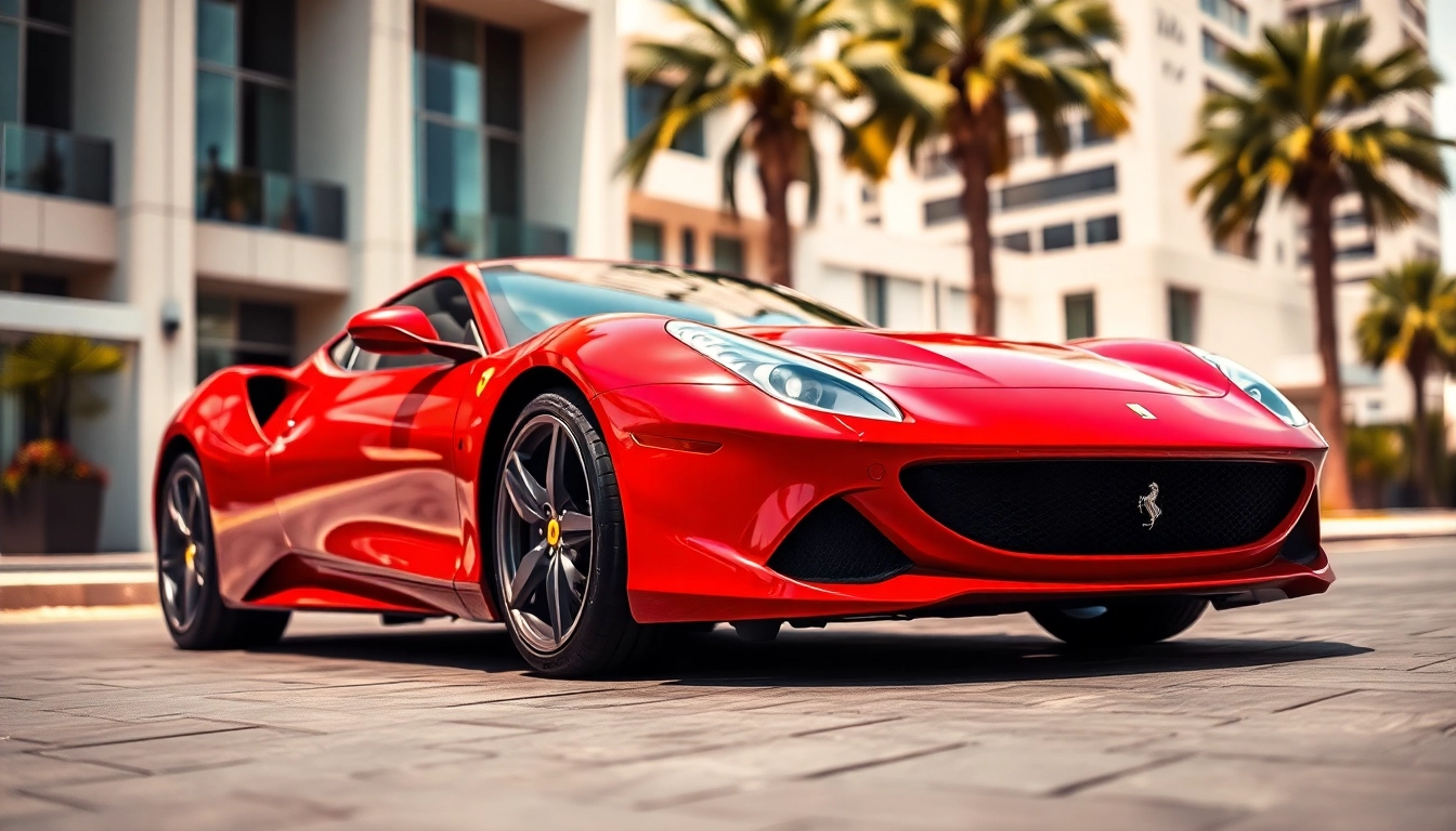 Ferrari trade-in Johannesburg with a sleek red Ferrari car displayed in an upscale urban setting.
