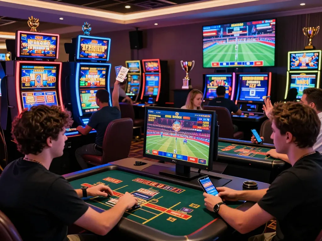 Exciting nk88 online casino gaming atmosphere with diverse players enjoying various games, colorful slot machines, and vibrant sports betting screens.