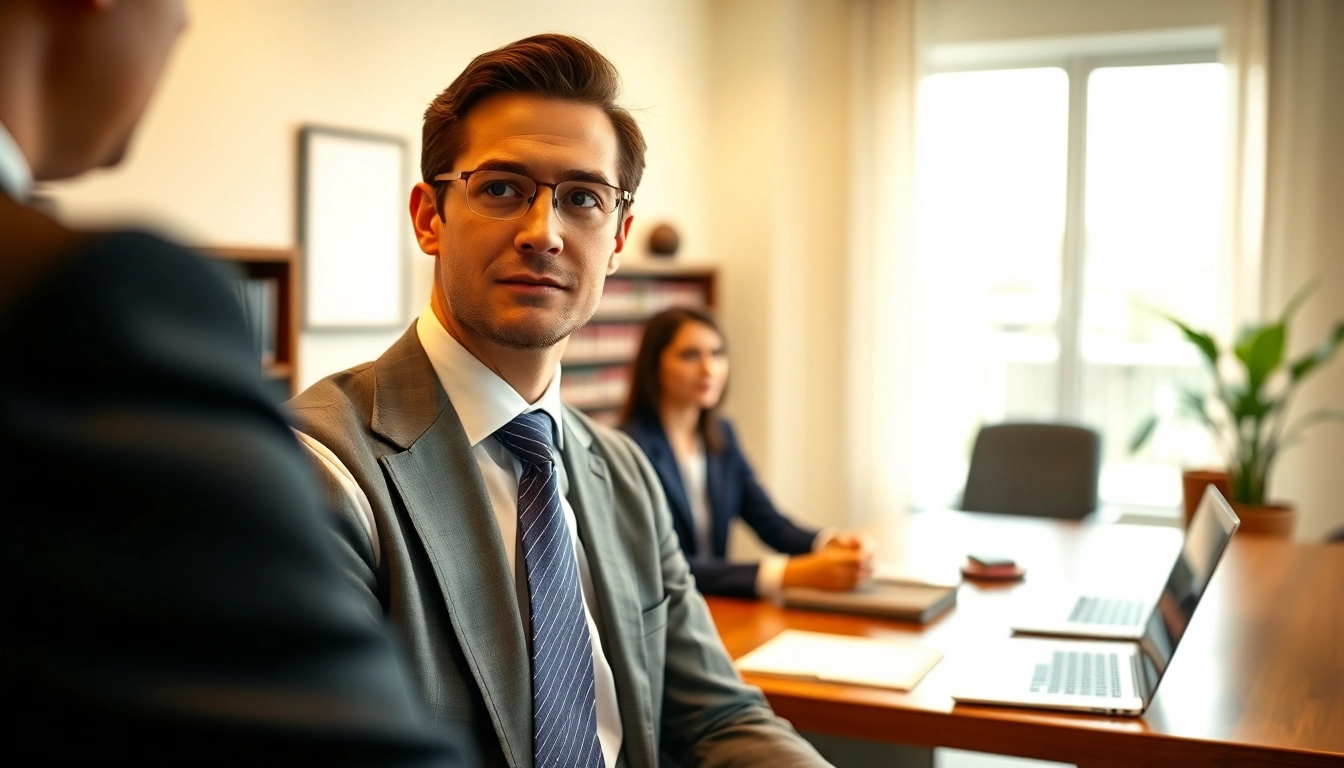 Sarasota personal injury lawyer consulting with a client in a modern office setting.