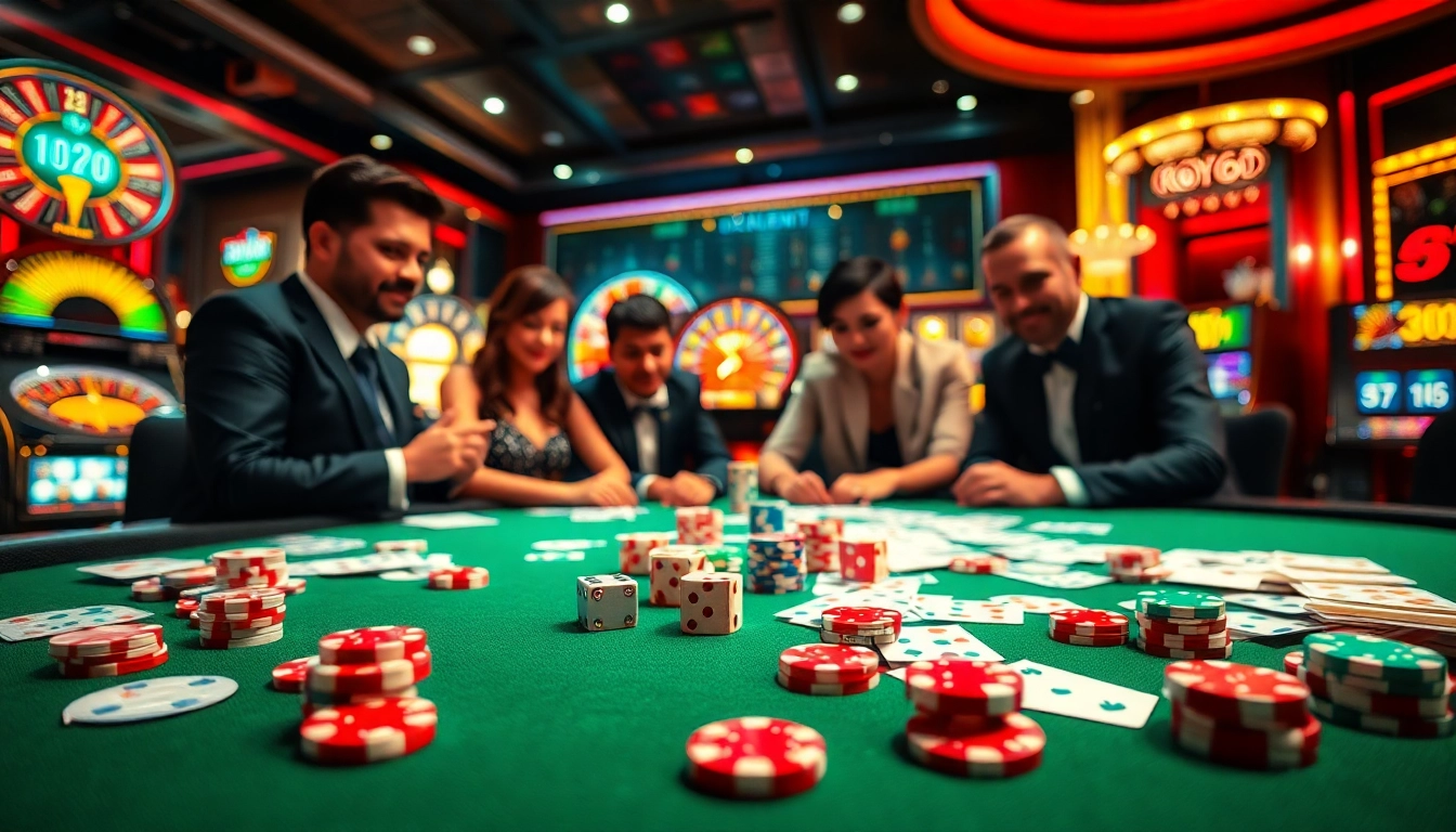 Players enjoy an intense game of 88i bet at a luxurious casino table, surrounded by vibrant chips and cards.