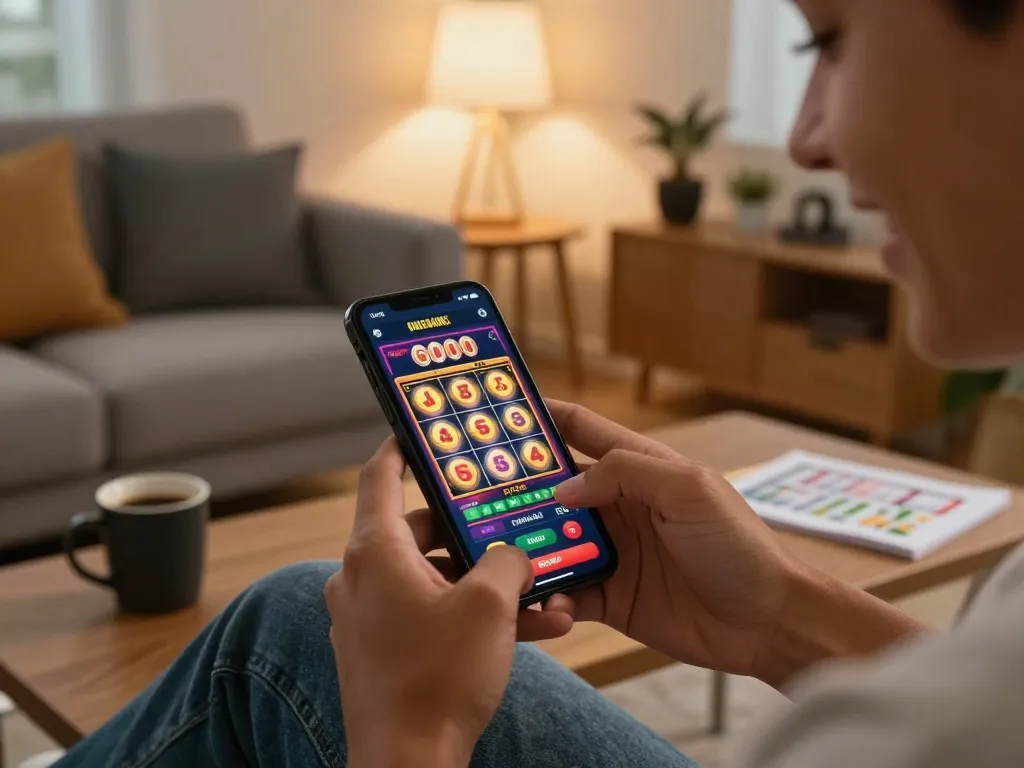 Engaging with slot6000 on a smartphone in a cozy living room, showcasing online casino excitement.