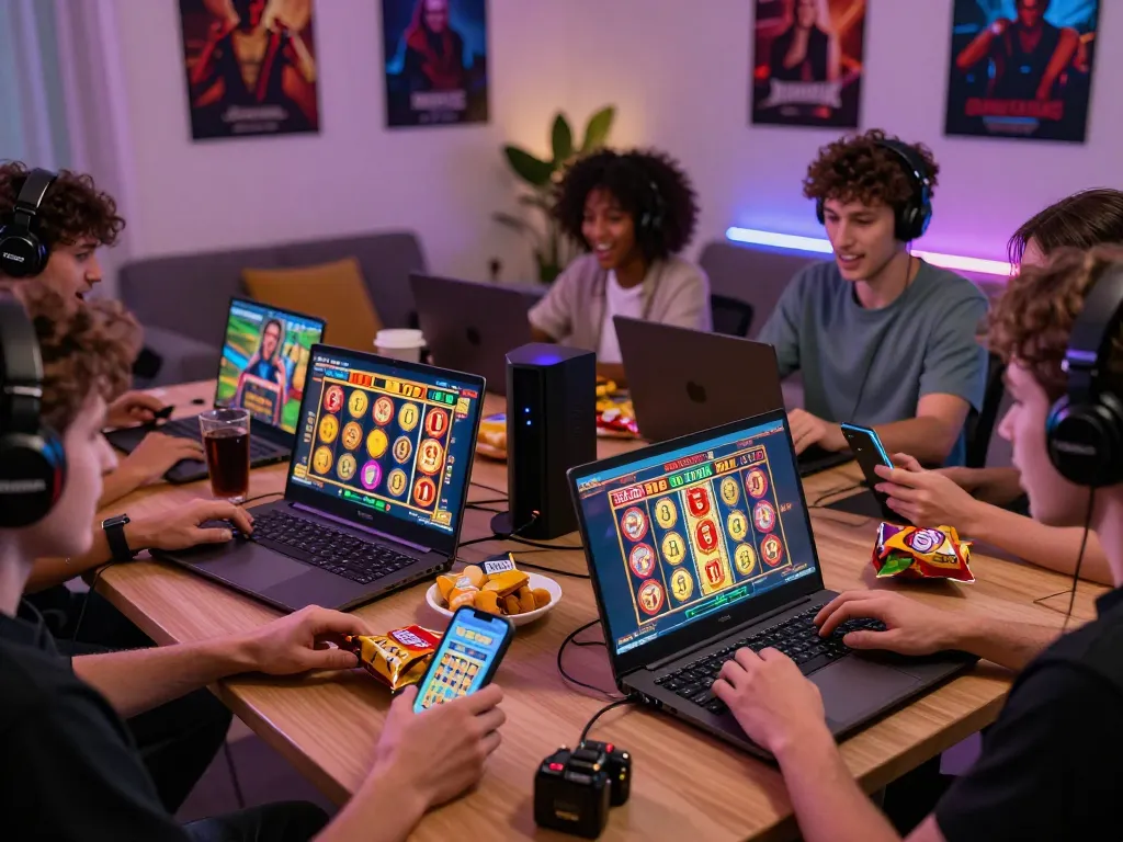 BAYITOTO ~ Login Link Agen Toto Slot 4D Resmi & Toto Togel Online Yang Mudah Jackpot Malam Ini vibrant online gaming scene with excited players celebrating a slot win.