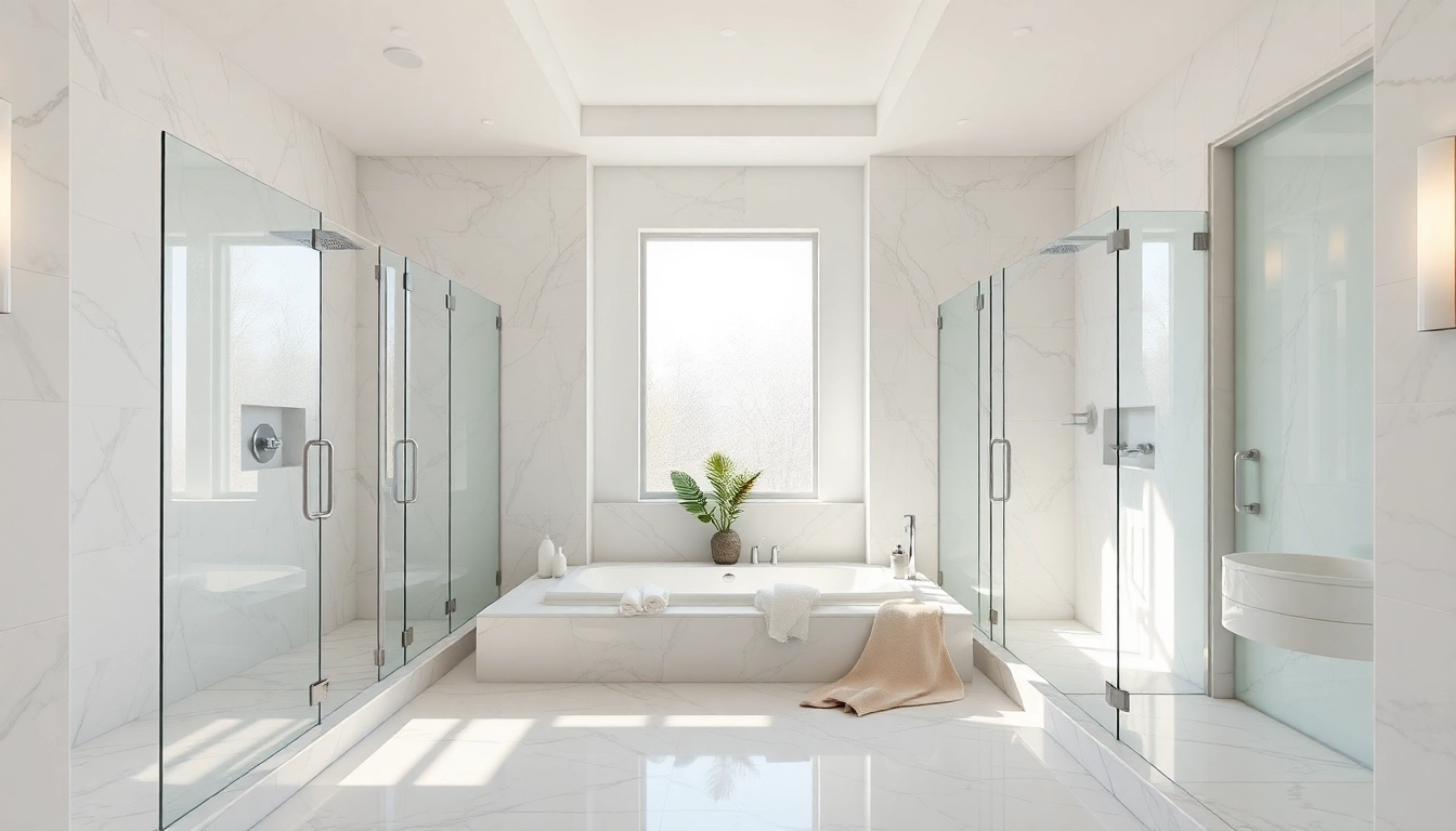 Experience elegant showers au in a luxurious bathroom with marble and glass detailing.