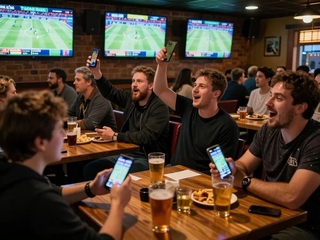 FB88 players engaged in live sports betting at a bustling sports bar, showcasing dynamic betting atmosphere.