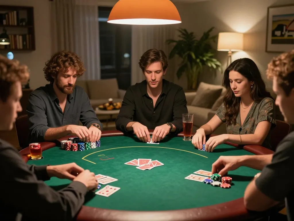 Players enjoying a high-stakes poker game at home showcasing s666 strategy and camaraderie.