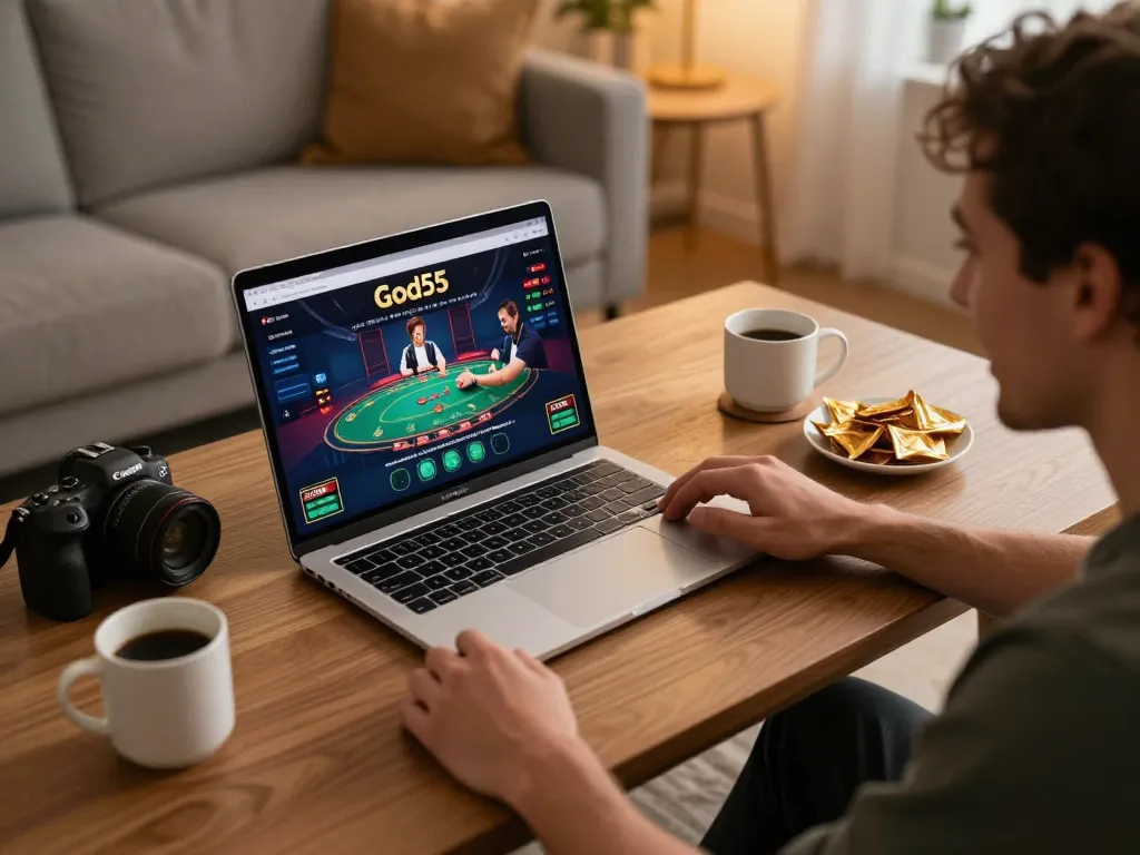 Engaging with God55 online casino gaming setup at home, a person focused on the game