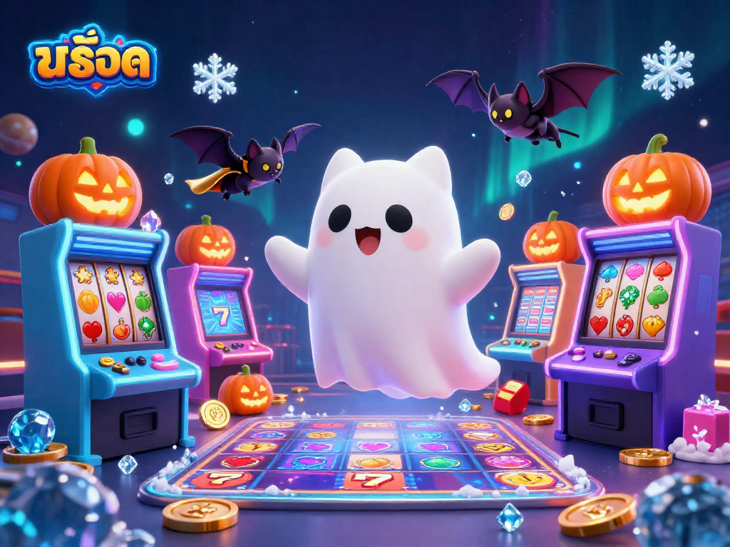Engaging สล็อต themed illustration showcasing a fun ghost cat and bat in a casino setting.