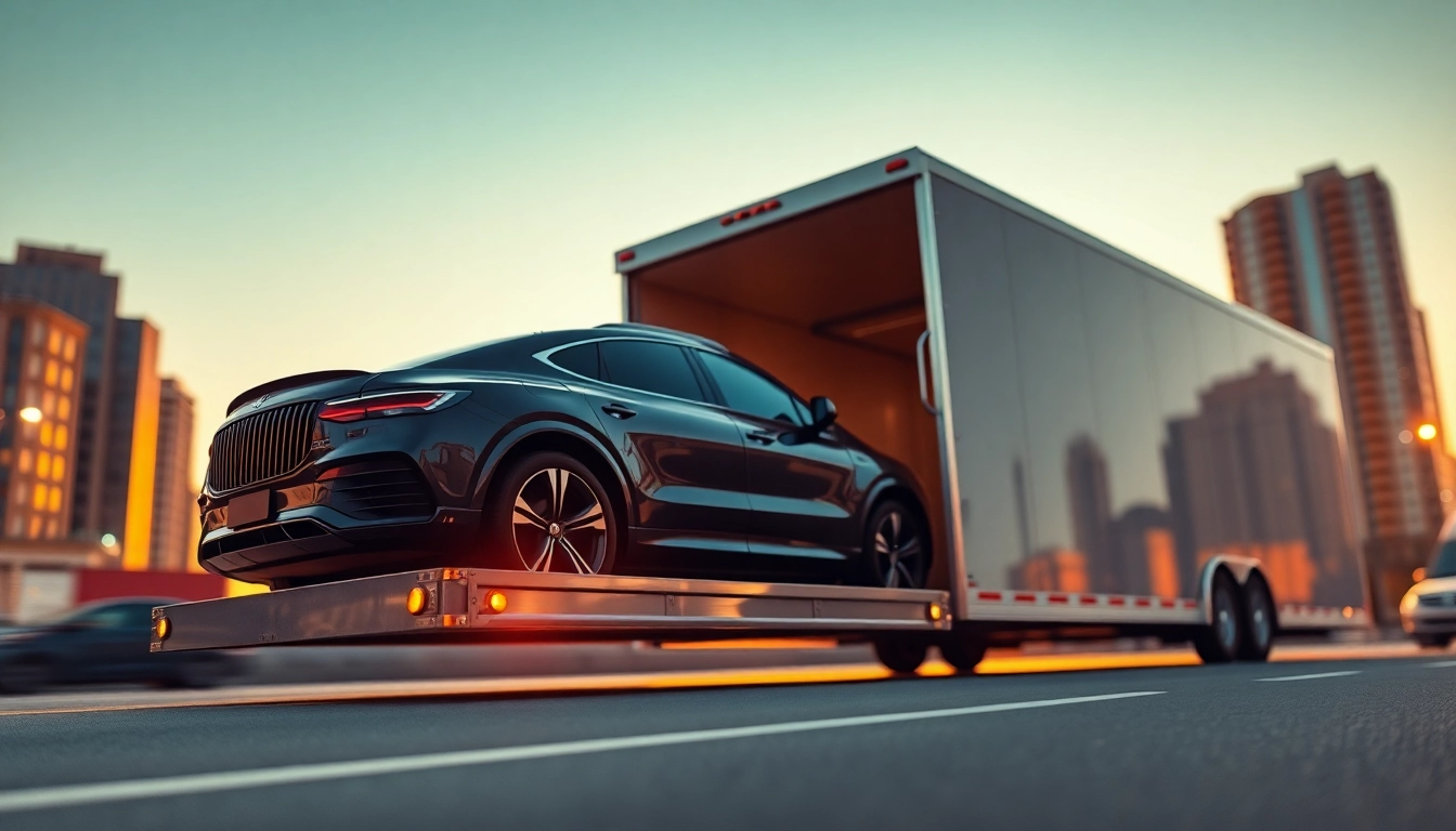 Transporting luxury vehicles securely with https://luxuryautocarriers.com in a professional setting.