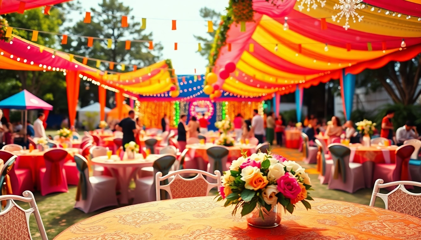 Showcase of Party Rentals Near Me with vibrant decorations and cheerful guests at an outdoor event.
