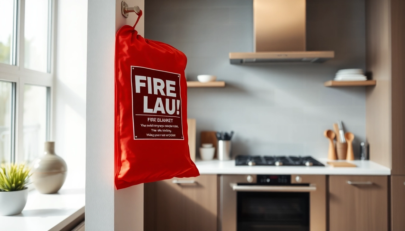 Fire blanket hanging in a modern kitchen, showcasing safety and preparedness in action.
