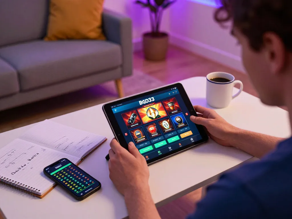 Engaging with the bgd33 casino app on a tablet in a cozy home setup, showcasing strategic betting.