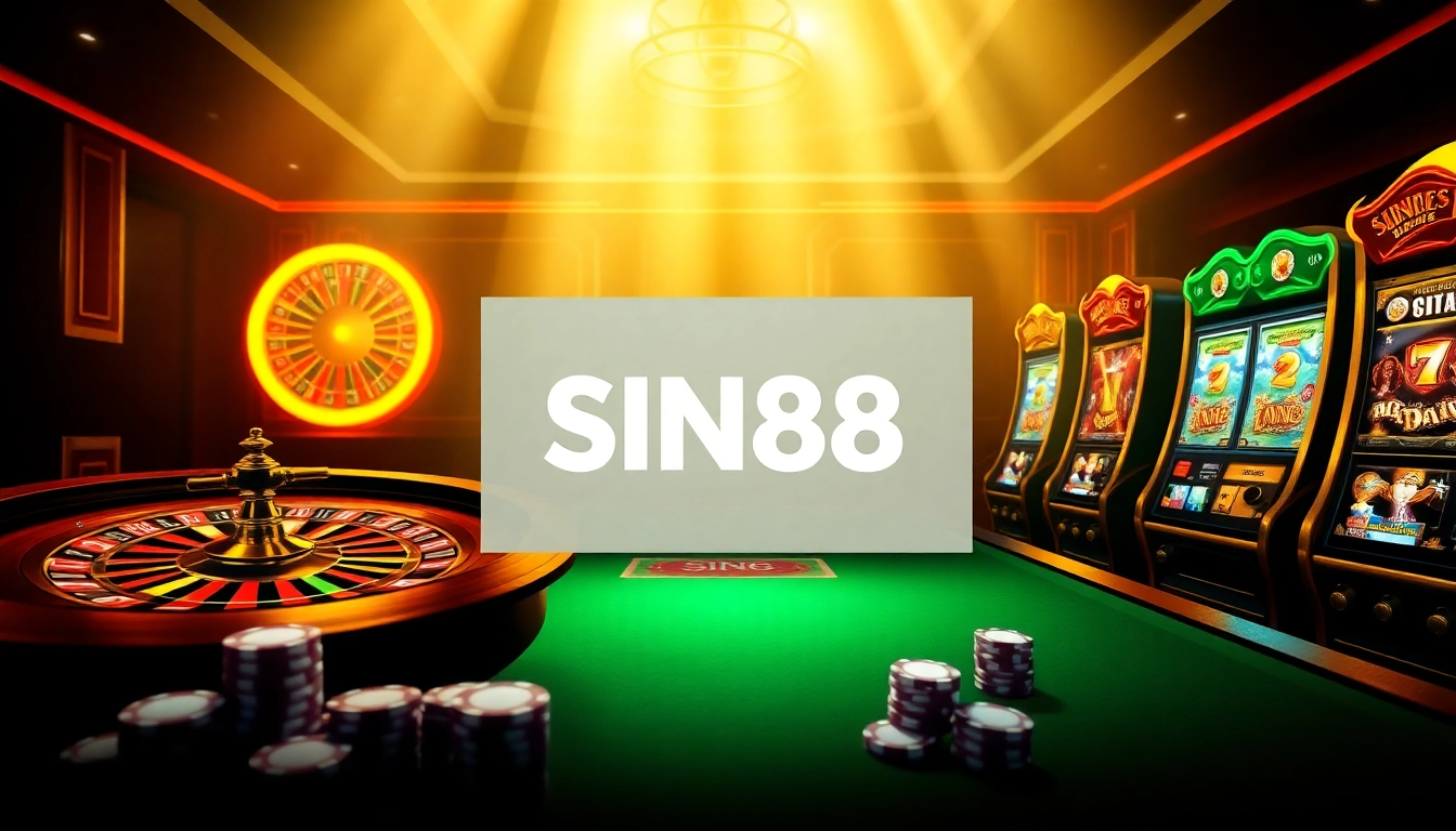 SIN88 online casino scene with vibrant roulette wheel and poker chips creating excitement.