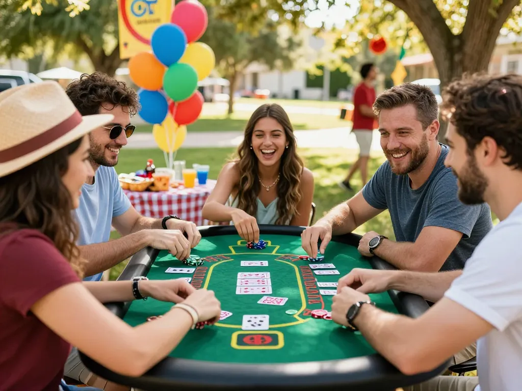 Group enjoying free no deposit casinos at a vibrant outdoor event.