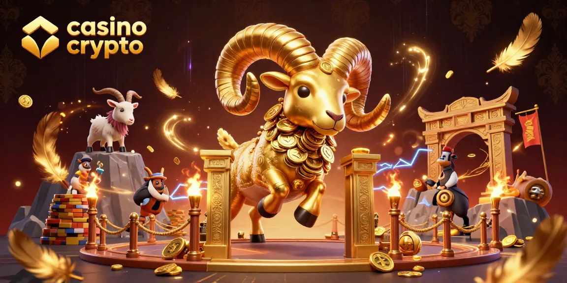 Plongez dans l'univers du casino crypto avec un bélier doré et des objets de jeu scintillants.