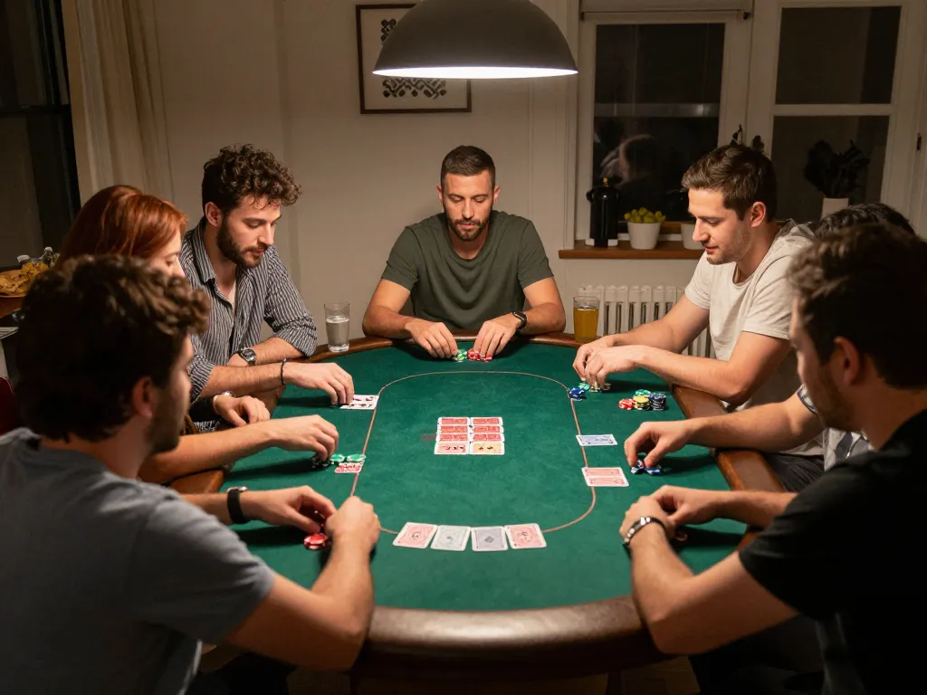Experience slot demo gameplay with friends in a cozy home poker night, showcasing chips, cards, and snacks.