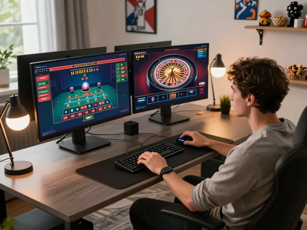 Player engaging in online casino games on multiple screens, highlighting CM88 gaming interface in an inviting home setting.