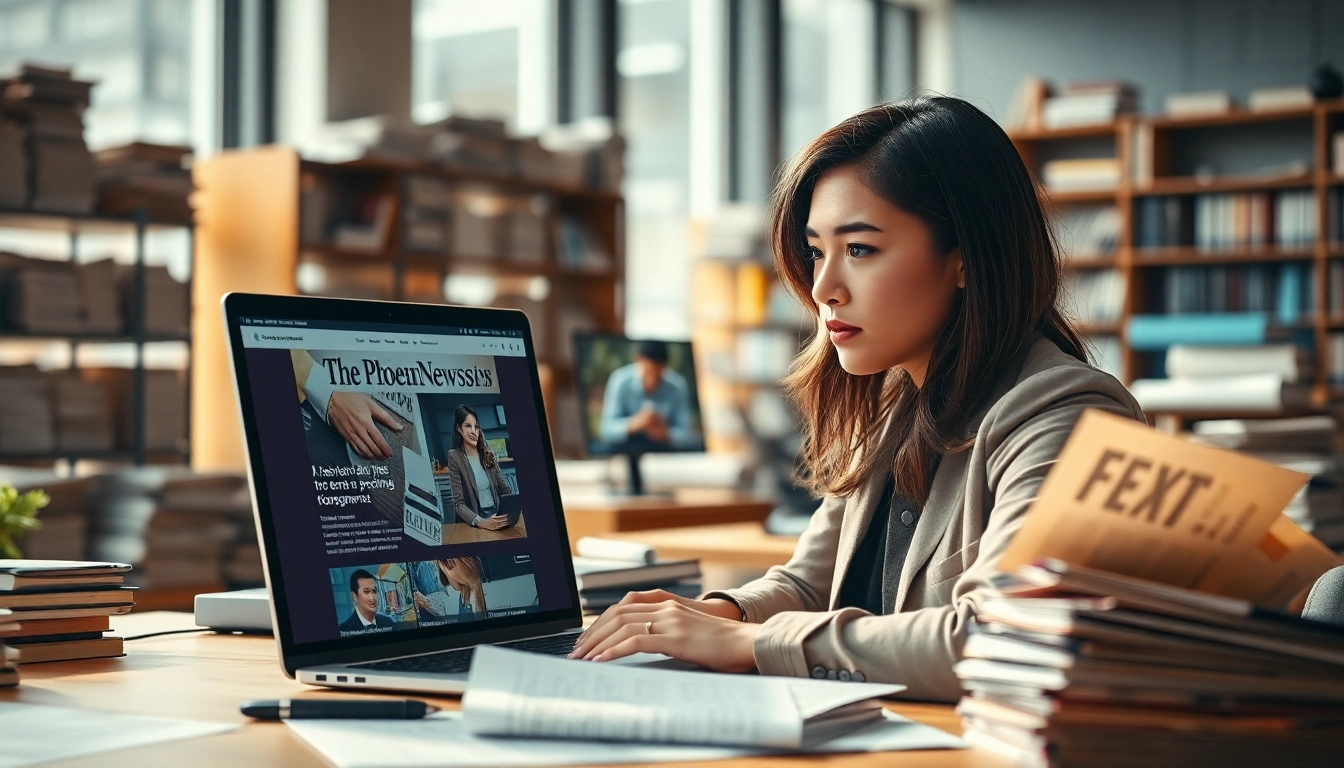 Engaged journalist reviewing thephoenixnewspaper content in a bright newsroom setting.