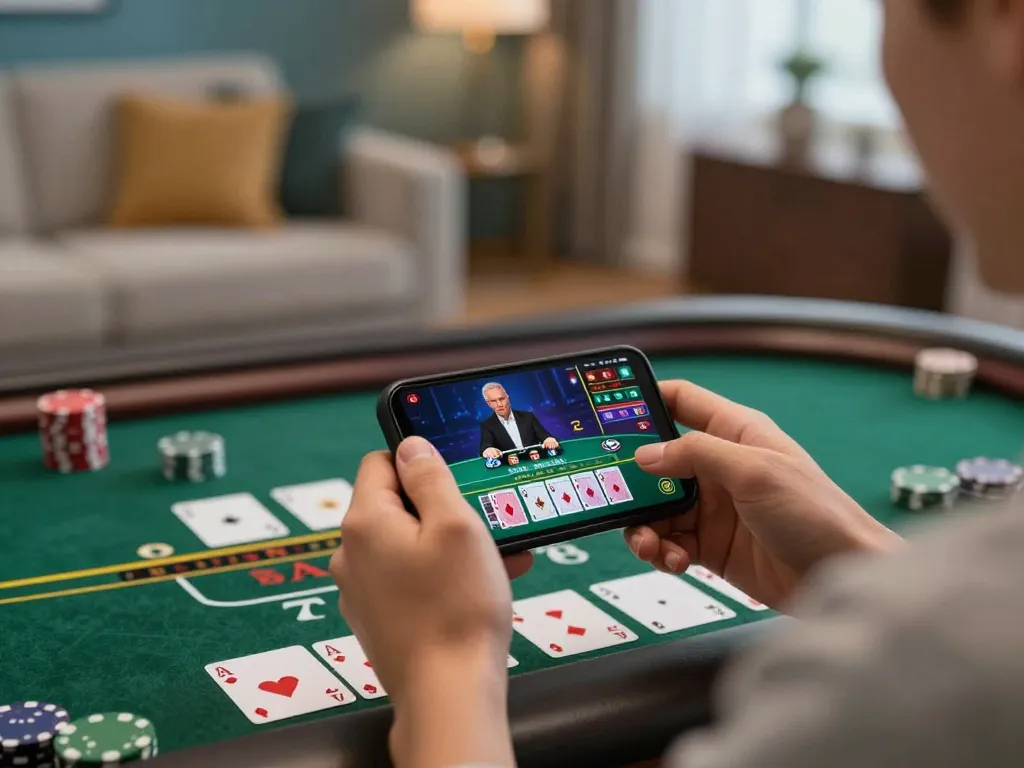 Player enjoying exciting NK88 online blackjack on smartphone, displaying engaging game interface.