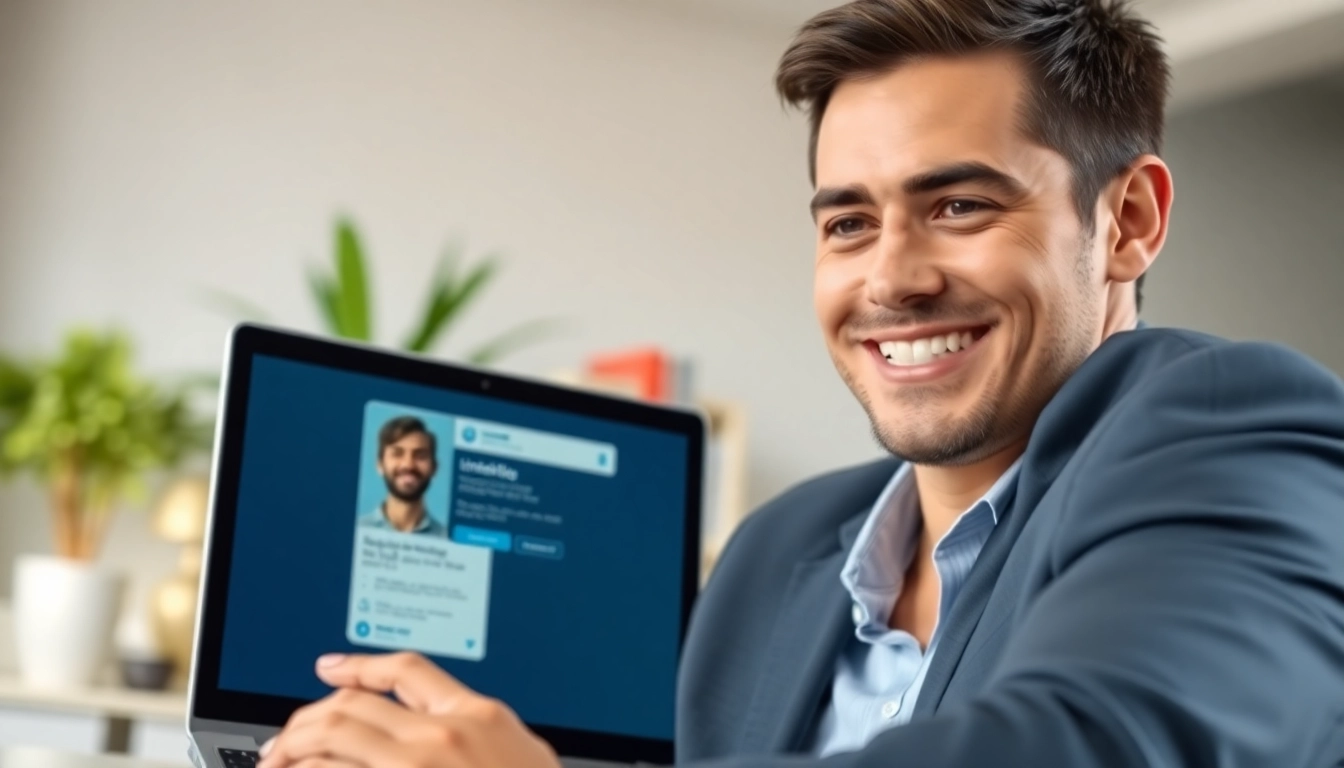 Rent LinkedIn Profile showcasing a professional in a virtual networking session with a laptop.