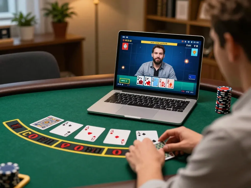 Engage in online blackjack excitement at https://56win.bid/ with live dealer action visible on laptop screen