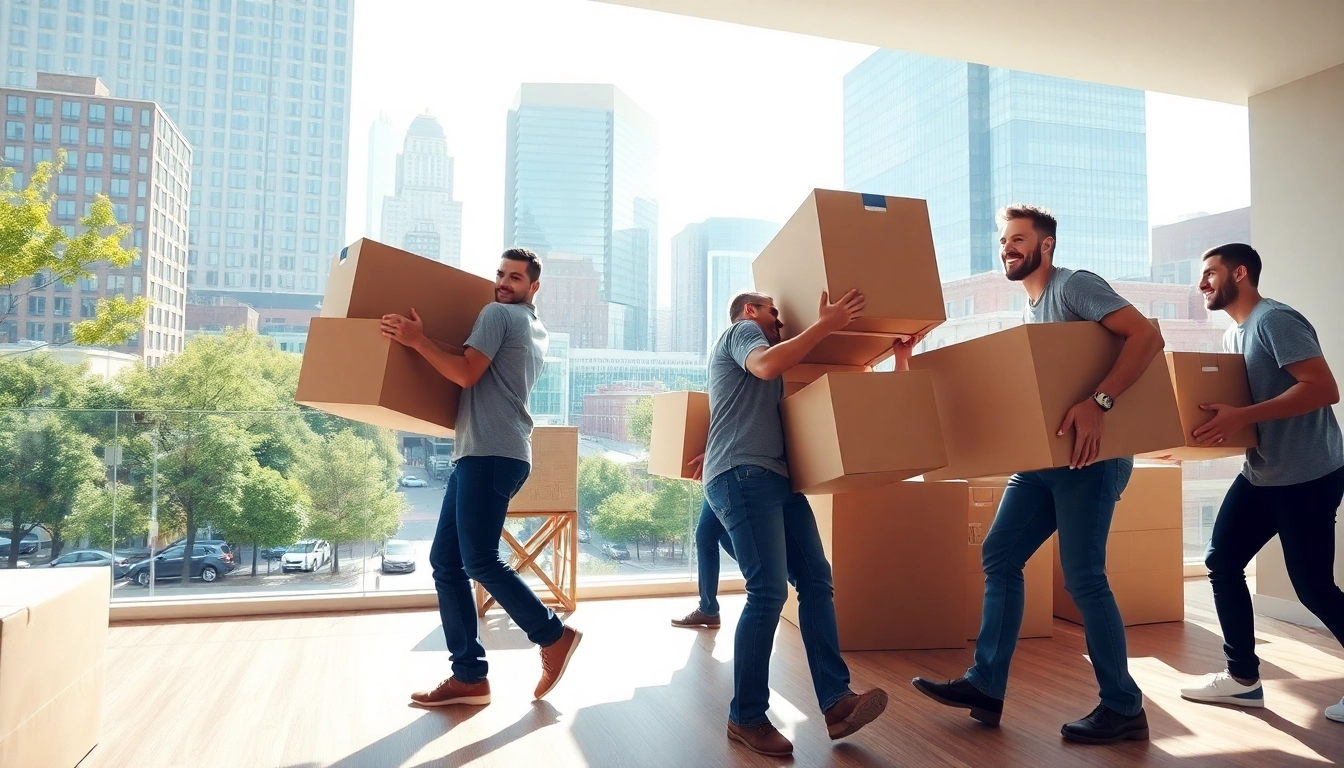 Local movers Boston efficiently handling moving boxes in an urban setting, showcasing teamwork.