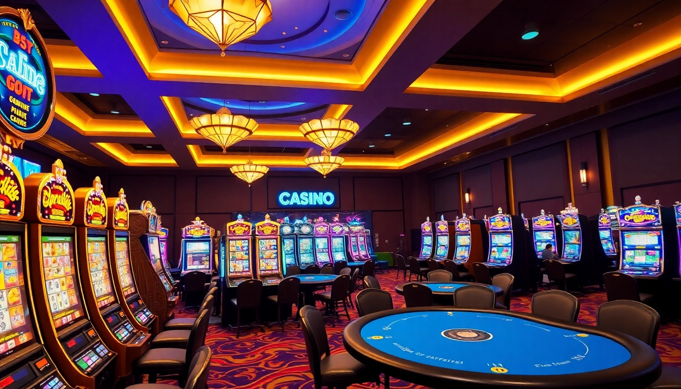 Engaging online casino in South Carolina featuring vibrant gaming tables and slot machines.