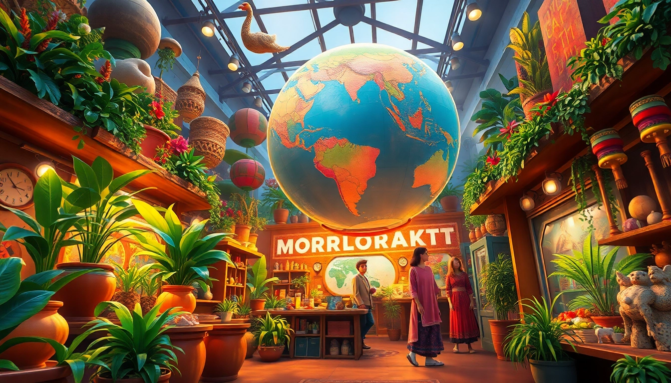 Explore curiosidades sobre o mundo em um mercado global vibrante que apresenta artefatos e tradições únicos.