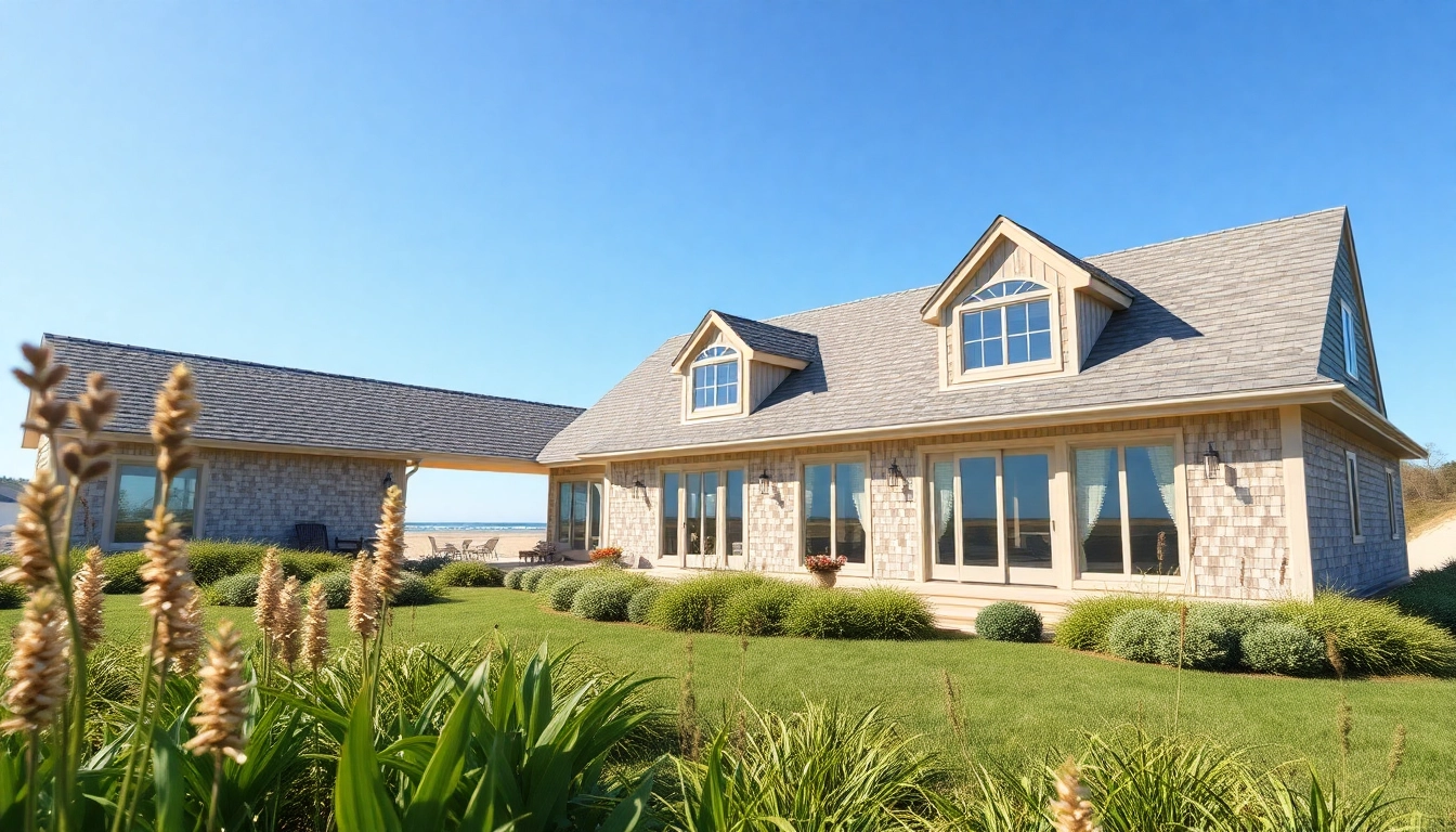 Cape cod home architecture with serene landscaping and coastal views.