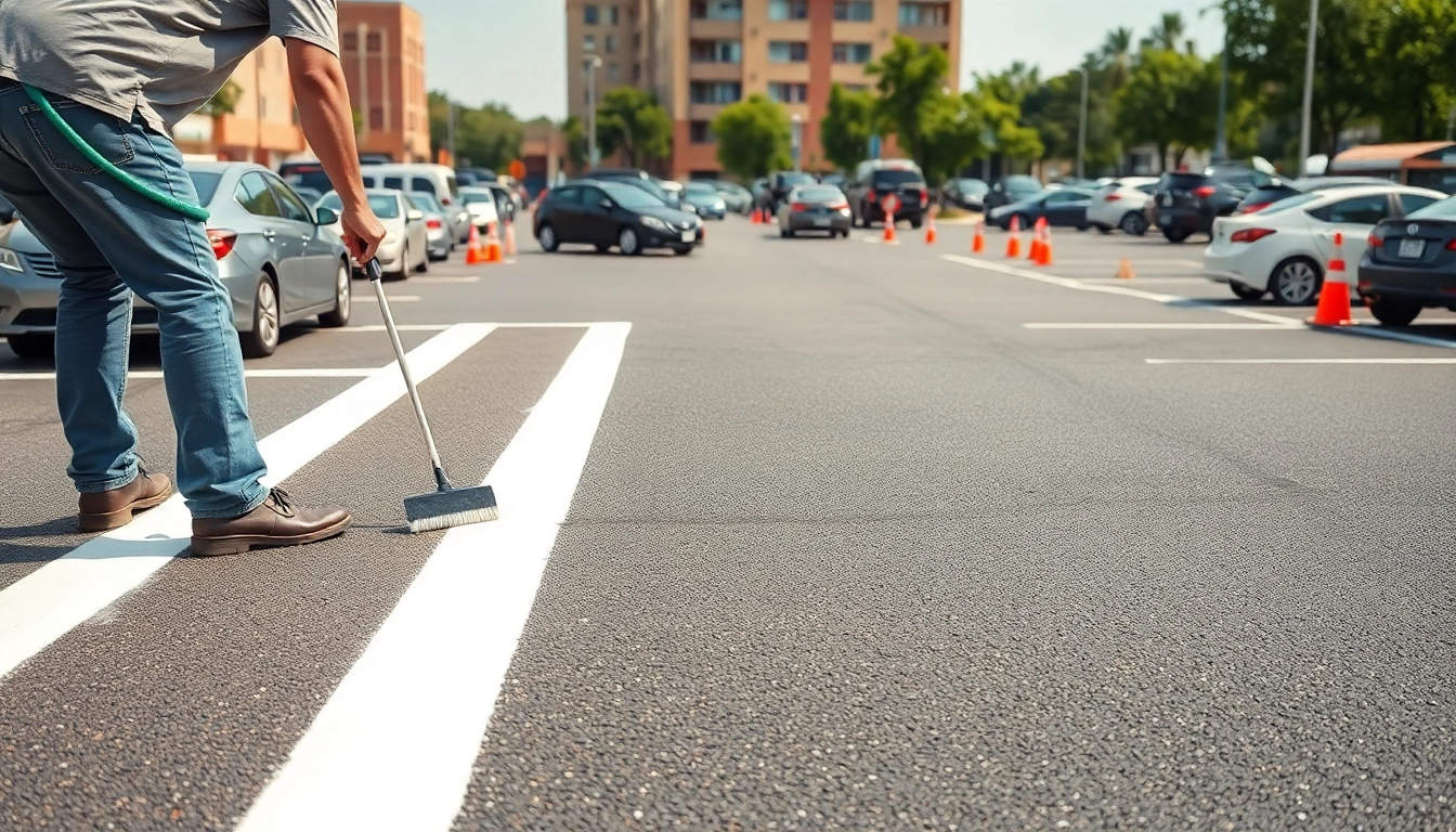 Parking lot marking company Jackson MS creating vivid lines in a busy urban parking lot.