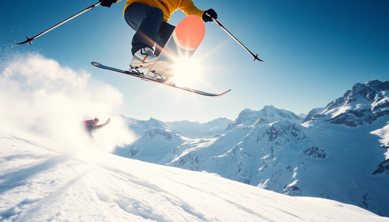 Skis in action as a skier jumps over snowy mountains, showcasing performance and adrenaline.