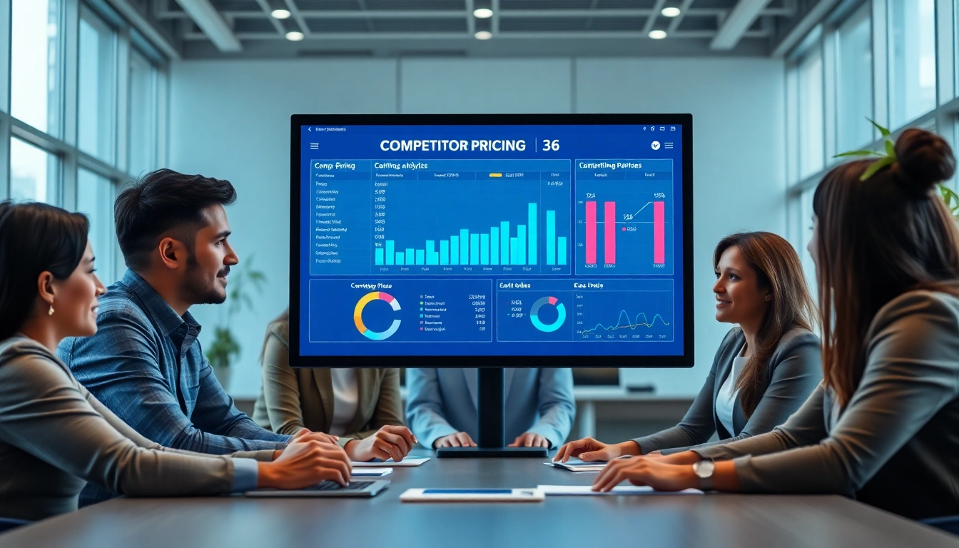 Analyze competitor pricing strategies in a modern office setting with a diverse team.